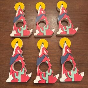 Vintage Howling At Moon Cactus Napkin Holders Southwestern Folk Pop Art 6 Piece